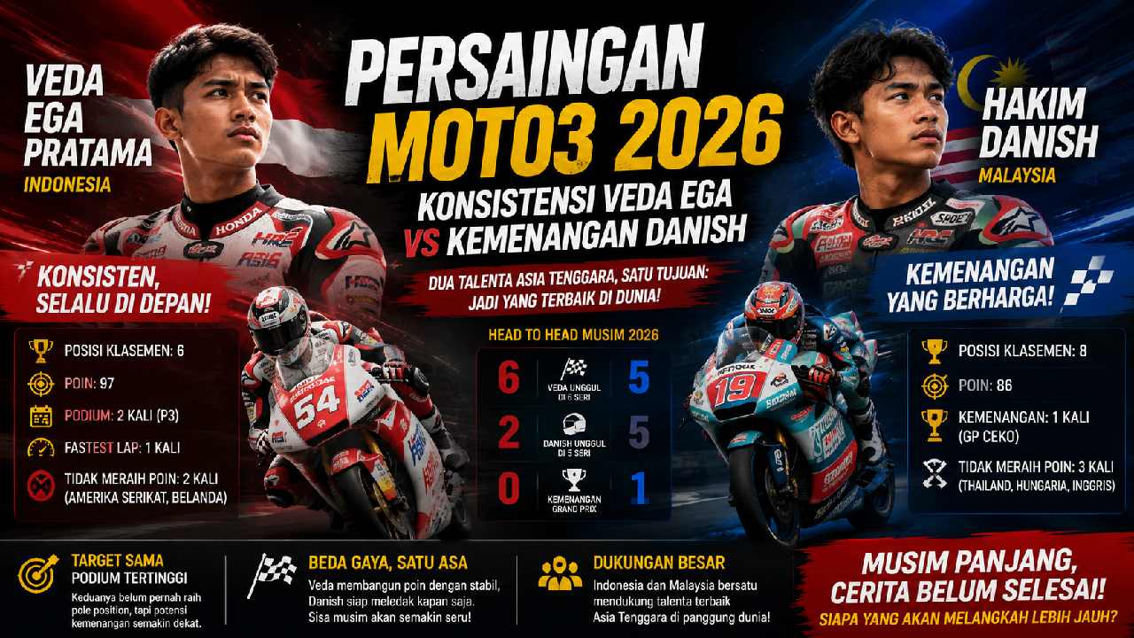 Persaingan Moto3 2026 Memanas, Konsistensi Veda Ega Tantang Kemenangan Hakim Danish